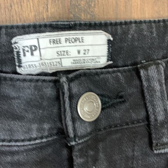 Free People High Rise Embroidered Raw Hem Black Cropped Straight Leg Jeans - Picture 2 of 5